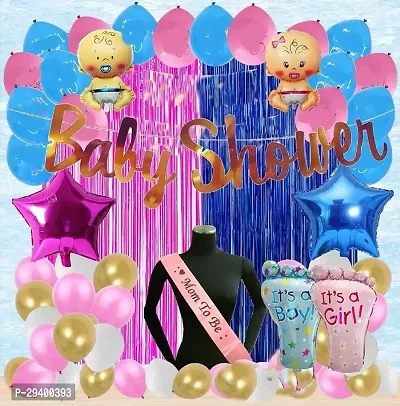 GROOVYWINGS Baby Shower Decoration Items Set 50Pcs Baby Shower Party Decoration Items with BalloonStar Foil BalloonBlue and Pink baby With Foil Curtain Mom to Sash  Maternity Pregnancy-thumb0