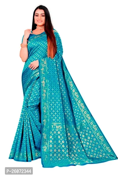 Beautiful Teal Art Silk Zari Saree with Blouse Piece For Women