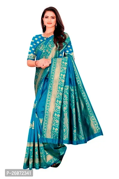 Beautiful Teal Art Silk Zari Saree with Blouse Piece For Women-thumb4