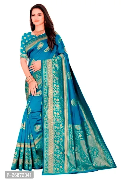 Beautiful Teal Art Silk Zari Saree with Blouse Piece For Women-thumb0