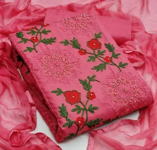 Designer Cotton Embellished Dress Material With Dupatta