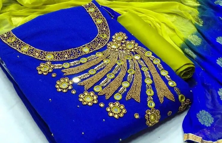 Women Chanderi Embroidered Dress Material with Dupatta