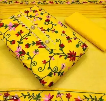 Gurhal Women Embroidered Cotton Unstitched Dress Material Jaal Chain Yellow
