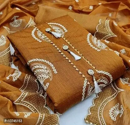 Gurhal Women Embroidered Chanderi Unstitched Dress Material Jhumka Mustard