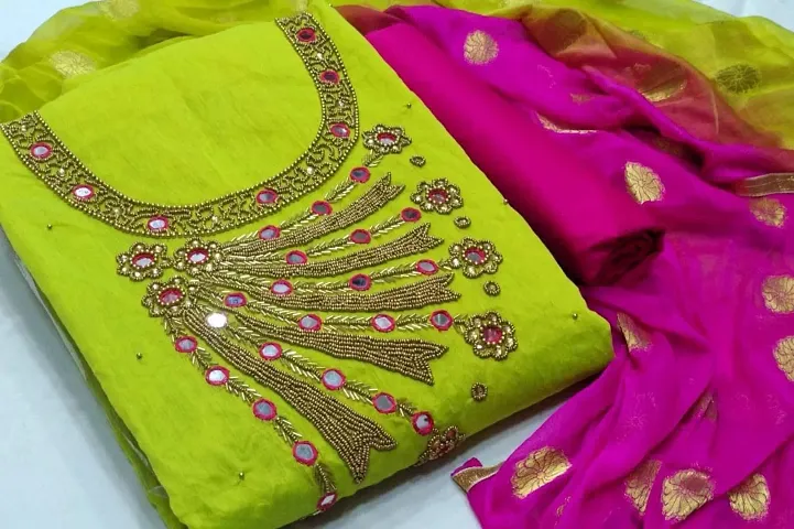 Women Chanderi Embroidered Dress Material with Dupatta