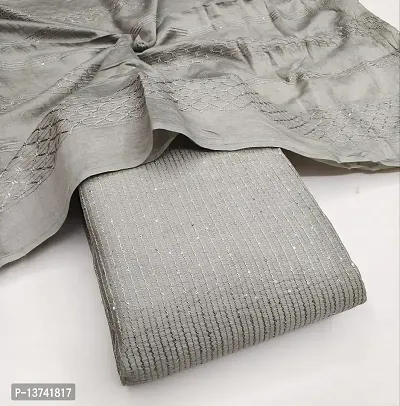 Gurhal Women Embroidered Chanderi Cotton Unstitched Dress Material Plaincrochet Grey