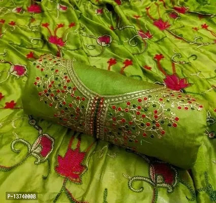 GURHAL Women's Embroidered Cotton Unstitched Dress Material, Watermelon_Mehendi