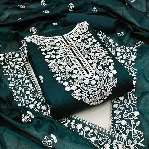 Trendy Women Chanderi Cotton Embroidered Dress Material with Dupatta