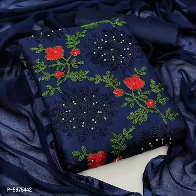 Navy Blue Cotton Embroidered Unstitched Dress Material For Women