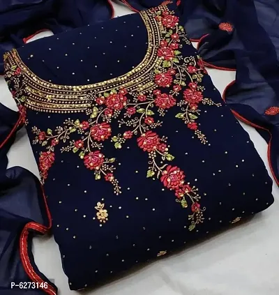 Navy Blue Faux Georgette Embroidered Unstitched Dress Material For Women