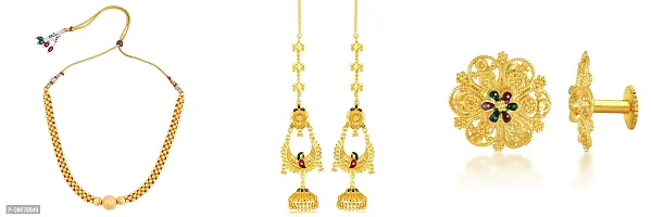 Stylish Golden Brass Necklace With Two Earring Set For Women