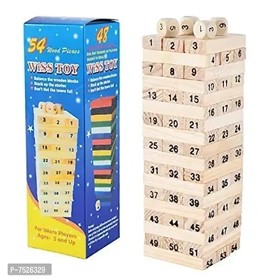 54 Pieces Wooden  jenga Challenging Maths Game Wooden Blocks, Wooden Tumbling Tower, Stacking and Balancing Block Toys with Dices for Kids  Adults- Size-Small Pack of 1