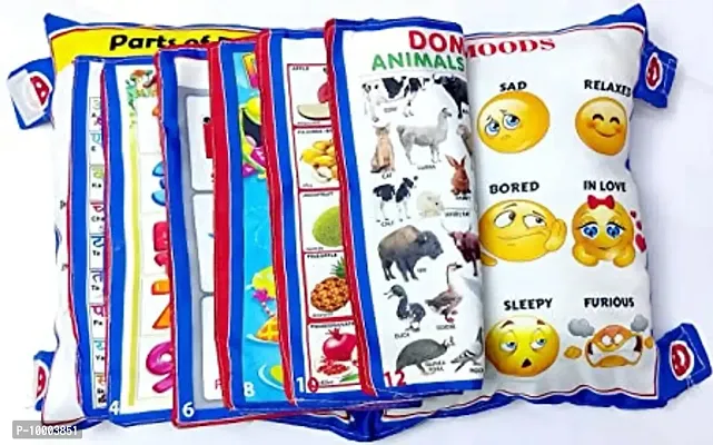 Soft Velvet Learning Cushion Hindi  English Educational Book with Numbers, Animals, Alphabet, Vehicles, Vegetables, Fruits Playbook for Kids Pillow