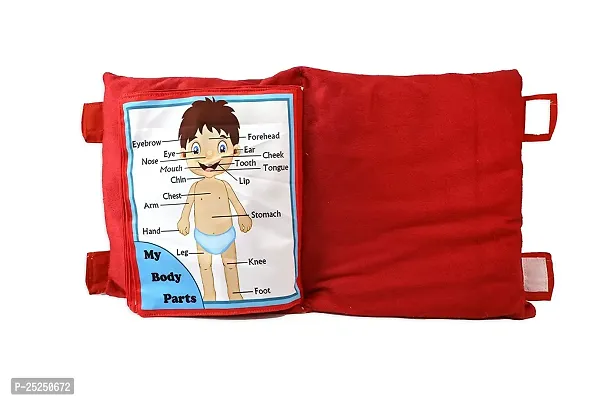 Kid's Learning Cotton Pillow Cum Book with English and Hindi Alphabets, Numbers, Animals Names Learning for Kids Velvet Cushion Book, Color RED