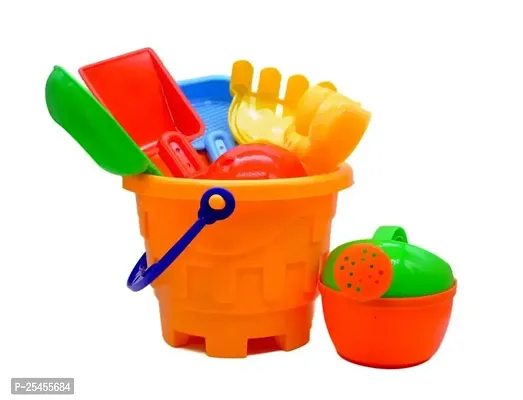 Beach Toy Set For Kids 8 Pcs With Castle Shaped Bucket Shovels Water Sprinkler And Moulds Made In India Perfect Beach Toy For Kids, Multi color-thumb0