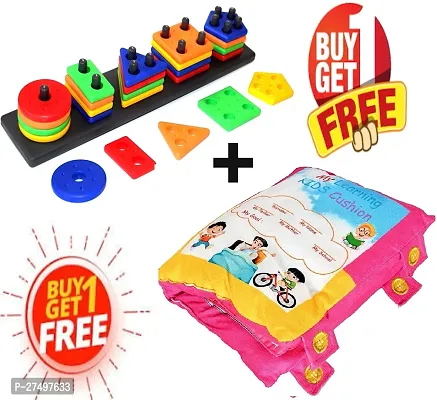 Learning Cushion Pillow Book for Kids with 2 Languages Learn English and Hindi,with 5 Shape Sorter  Stacking Toys | Geometrical Building Blocks-thumb0