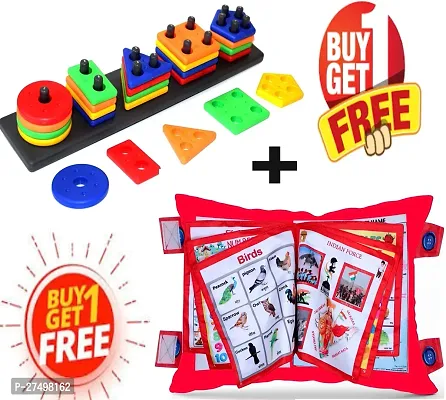 5 Shape Sorter  Stacking Toys | Geometrical Building Blocks with  Learning Cushion Pillow Book for Kids with 2 Languages Learn English and Hindi,