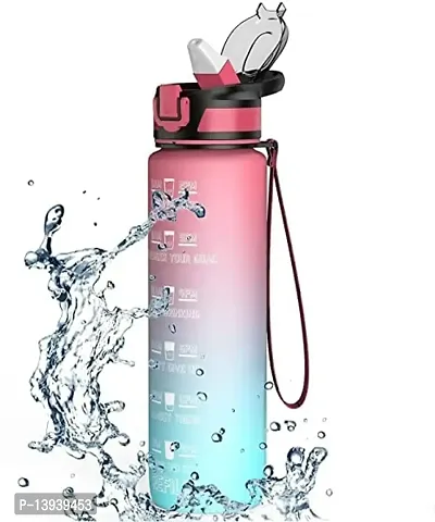 Varkaus 1 Litre Unbreakable Water Bottle with Straw, Cute Sports Water Bottle with Sticker, Large Capacity Reusable Leak Proof Bottle for School, Office, Outdoor Sports-thumb0