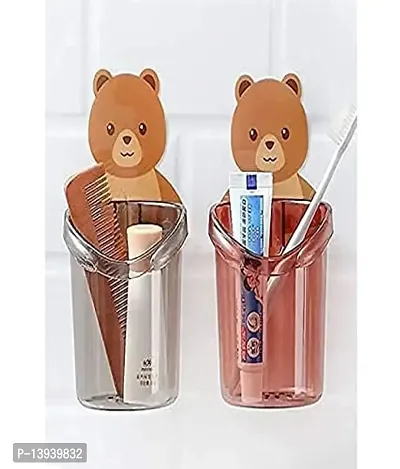 Varkaus Wall Mounted Teddy Toothbrush Holder Cup | ABS Plastic with Strong Adhesive Sticker | Multipurpose (Pack of 2, Combo)-thumb0