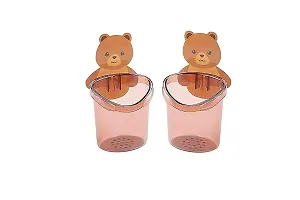 Varkaus Wall Mounted Teddy Toothbrush Holder Cup | ABS Plastic with Strong Adhesive Sticker | Multipurpose (Pack of 2, Combo)-thumb2