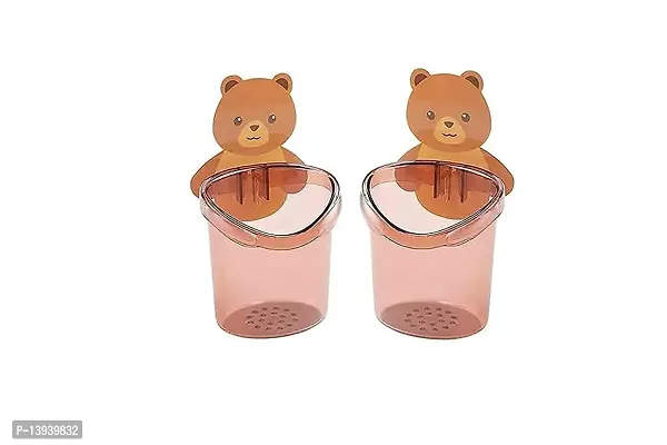 Varkaus Wall Mounted Teddy Toothbrush Holder Cup | ABS Plastic with Strong Adhesive Sticker | Multipurpose (Pack of 2, Combo)-thumb3