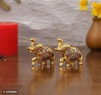 Metal Elephant Pair Set of 2 for Home and Office Decorative Showpiece - 6.5 cm (Metal, Gold)-thumb0