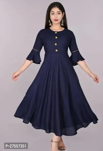Stylish Navy Blue Cotton Solid Fit And Flare Dress For Women