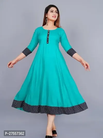 Stylish Turquoise Cotton Solid Fit And Flare Dress For Women-thumb0