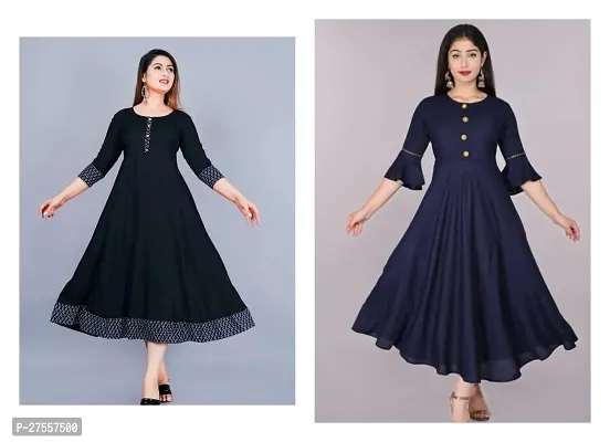 Stylish Navy Blue Cotton Solid Fit And Flare Dress For Women Pack Of 2