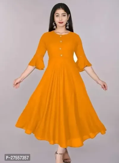 Stylish Yellow Cotton Solid Fit And Flare Dress For Women