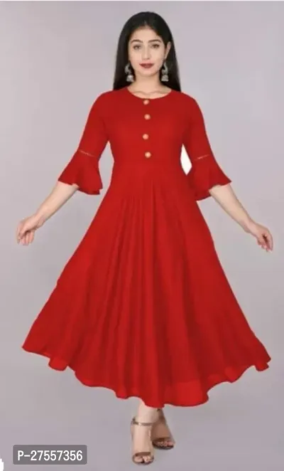 Stylish Red Cotton Solid Fit And Flare Dress For Women-thumb0