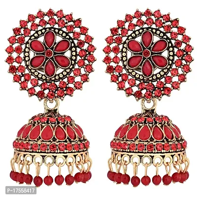 Shritesh Gold Plated Kundan Studded Meenakari Jhumka Earrings Brass Jhumki Earring Pearl Brass Jhumki Earring (Red)-thumb2