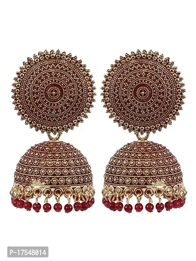 Shritesh Jhumki Earrings for Women- Traditional Bollywood Ethnic Bridal Wedding Indian Pearl Hangings Meenakari jhumka Jewellery for Women/Girls (Maroon-Gold)-thumb3