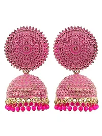 Shritesh Jhumki Earrings for Women- Traditional Bollywood Ethnic Bridal Wedding Indian Pearl Hangings Meenakari jhumka Jewellery for Women/Girls (Pink-Gold)-thumb2