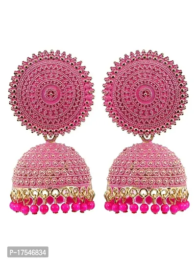 Shritesh Jhumki Earrings for Women- Traditional Bollywood Ethnic Bridal Wedding Indian Pearl Hangings Meenakari jhumka Jewellery for Women/Girls (Pink-Gold)-thumb3