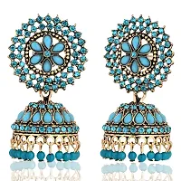 Shritesh Gold Plated Kundan Studded Meenakari Jhumka Earrings Brass Jhumki Earring Pearl Brass Jhumki Earring Blue Color-thumb2