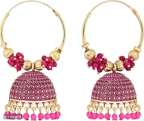 Shritesh Premium Bridal Wedding Traditional Gold Pink Pearl Kundan Jhumkas/Jhumka/Jhumki Earrings For Women Girls Pearl Copper, Metal Jhumki Earring-thumb0