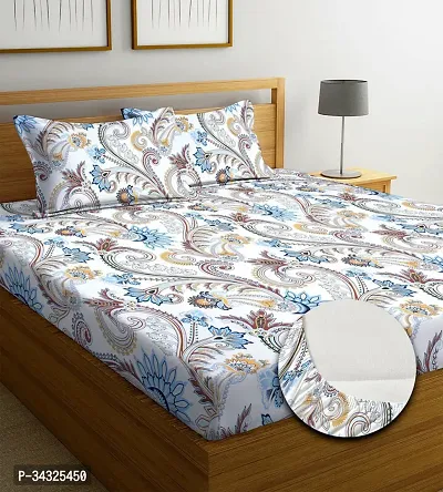 Fancy Glace Cotton Fitted Double Printed Bedsheet With Pillow Covers-thumb0