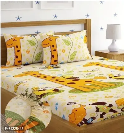 Fancy Glace Cotton Fitted Double Printed Bedsheet With Pillow Covers-thumb0