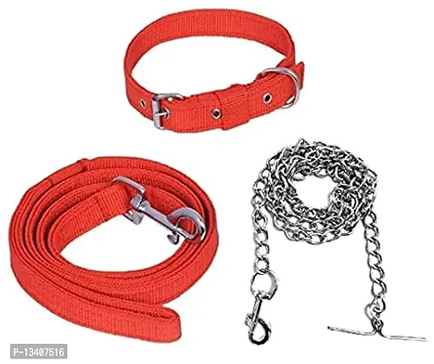 Combo Of Collar Leash And Chain Dog Belt With Silver Chain Dog Collar  Chain Medium Size Dog Collar Width 20 Mm (Small, Red)