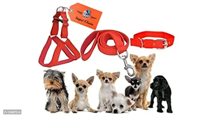 Colourful Adjustable Nylon Dog Leash Harness And Collar Combo, Suitable For Dogs (Collar + Harness +Laesh) (Medium, Red)