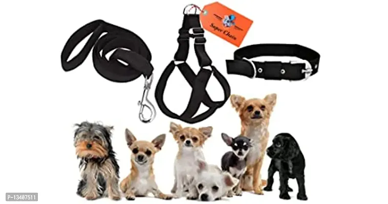 Colourful Adjustable Nylon Dog Leash Harness And Collar Combo, Suitable For Dogs (Collar + Harness +Leash) (Medium, Black)