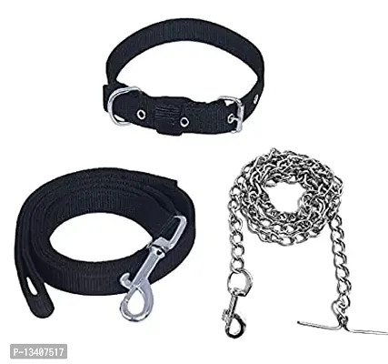 Combo Of Collar Leash And Chain Dog Belt With Silver Chain Dog Collar  Chain Medium Size Dog Collar Width 20 Mm (Small, Black)
