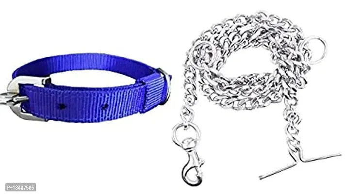 Dog Belt Combo Of 1 Inch Nylon Collar With Heavy Dog Chain 63 Inch Dog Collar Chain (Large, Blue)-thumb0