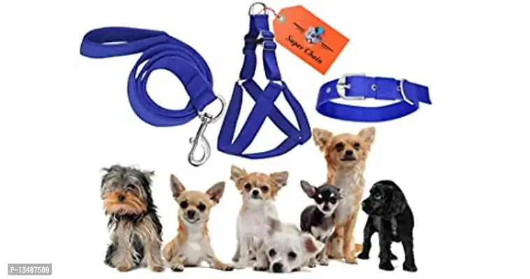 Colourful Adjustable Nylon Dog Leash Harness And Collar Combo, Suitable For Dogs (Collar + Harness +Leash) (Medium, Blue)