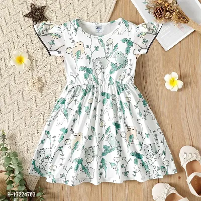 White Cotton Printed Frock For Girls