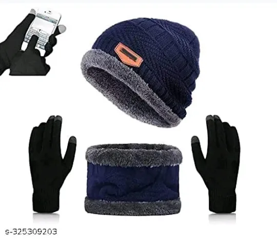 VTIndia?Snow Proof Inside Fur Wool Unisex Beanie Cap with Neck Warmer Set & Touch Screen Hand Gloves Knit Hat Thick Fleece Lined Winter Hat for Men & Women