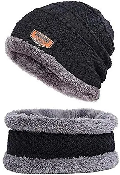 DIGITAL SHOPEE 2 Pieces Winter Cap Neck Scarf Set Warm Knitted Fur Lined for Men  Women Free Size