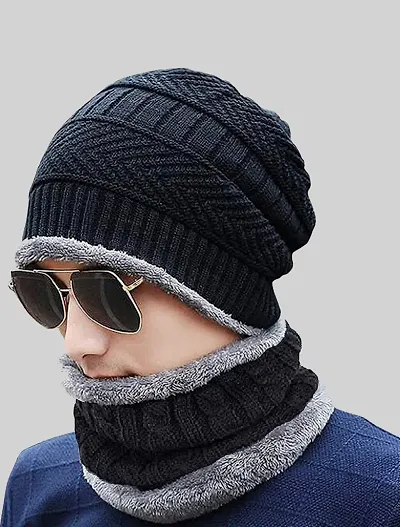 Unisex Woolen Cap (CAP AND MUFFLER_Black)