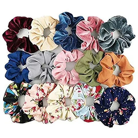 Old Shopperz Hair Scrunchies Hair Ponytail Holder in Satin Solid And Valvet Fabric For Girl And Women Set Of-12